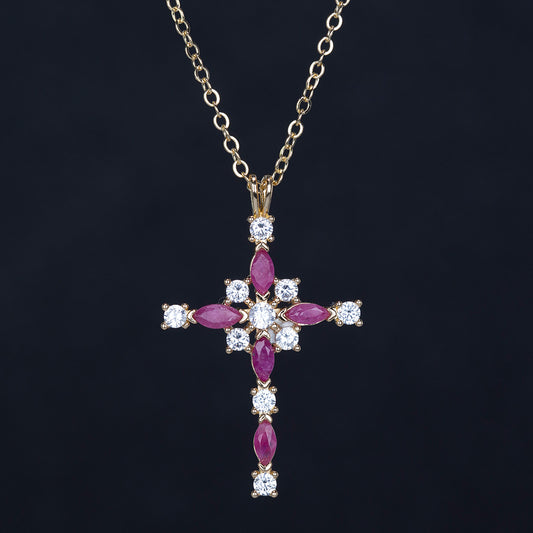 Cruz Colar de Liga de Ouro com Rubi e Cristal Emporia® Branco ( Colar+Pendente )