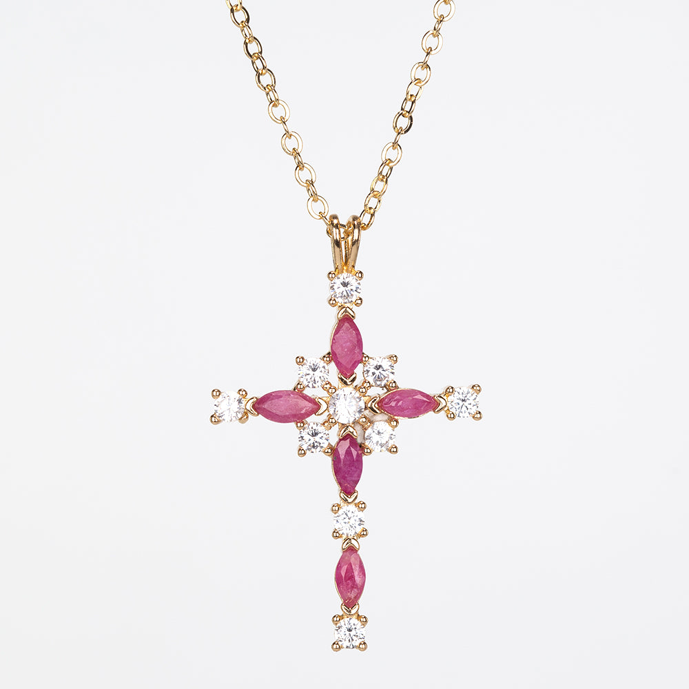Cruz Colar de Liga de Ouro com Rubi e Cristal Emporia® Branco ( Colar+Pendente ) 3 