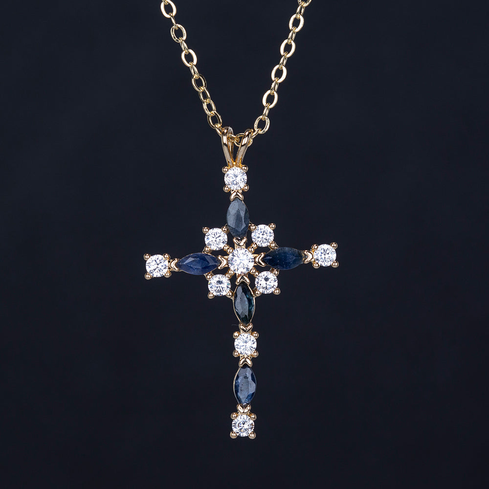 Cruz Colar de Liga de Ouro com Safira e Cristal Emporia® Branco ( Colar+Pendente )