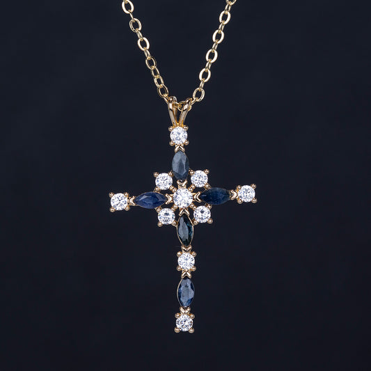 Cruz Colar de Liga de Ouro com Safira e Cristal Emporia® Branco ( Colar+Pendente )