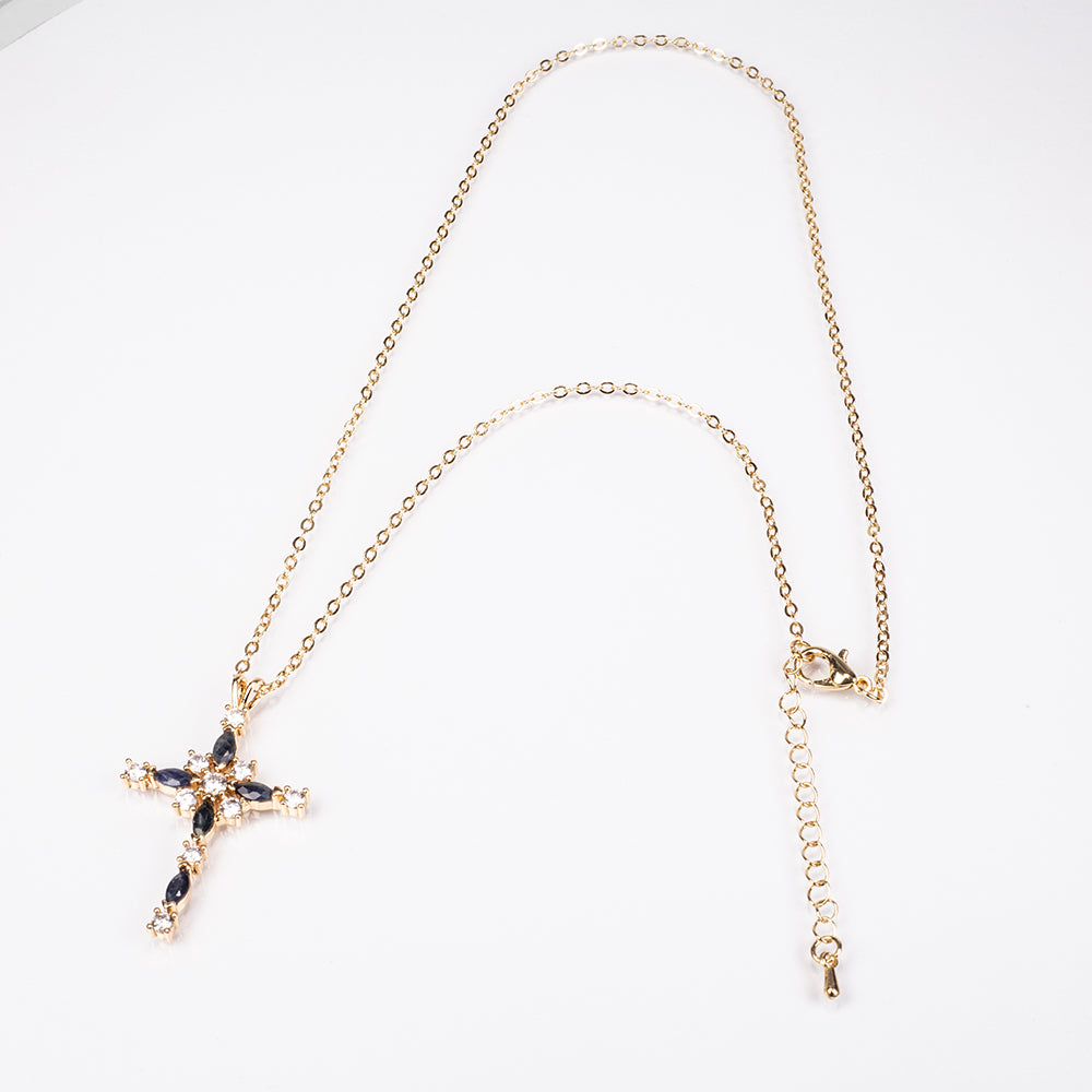 Cruz Colar de Liga de Ouro com Safira e Cristal Emporia® Branco ( Colar+Pendente )