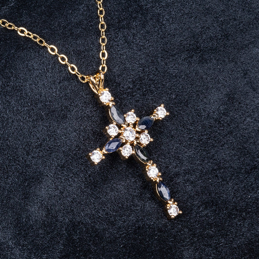 Cruz Colar de Liga de Ouro com Safira e Cristal Emporia® Branco ( Colar+Pendente )
