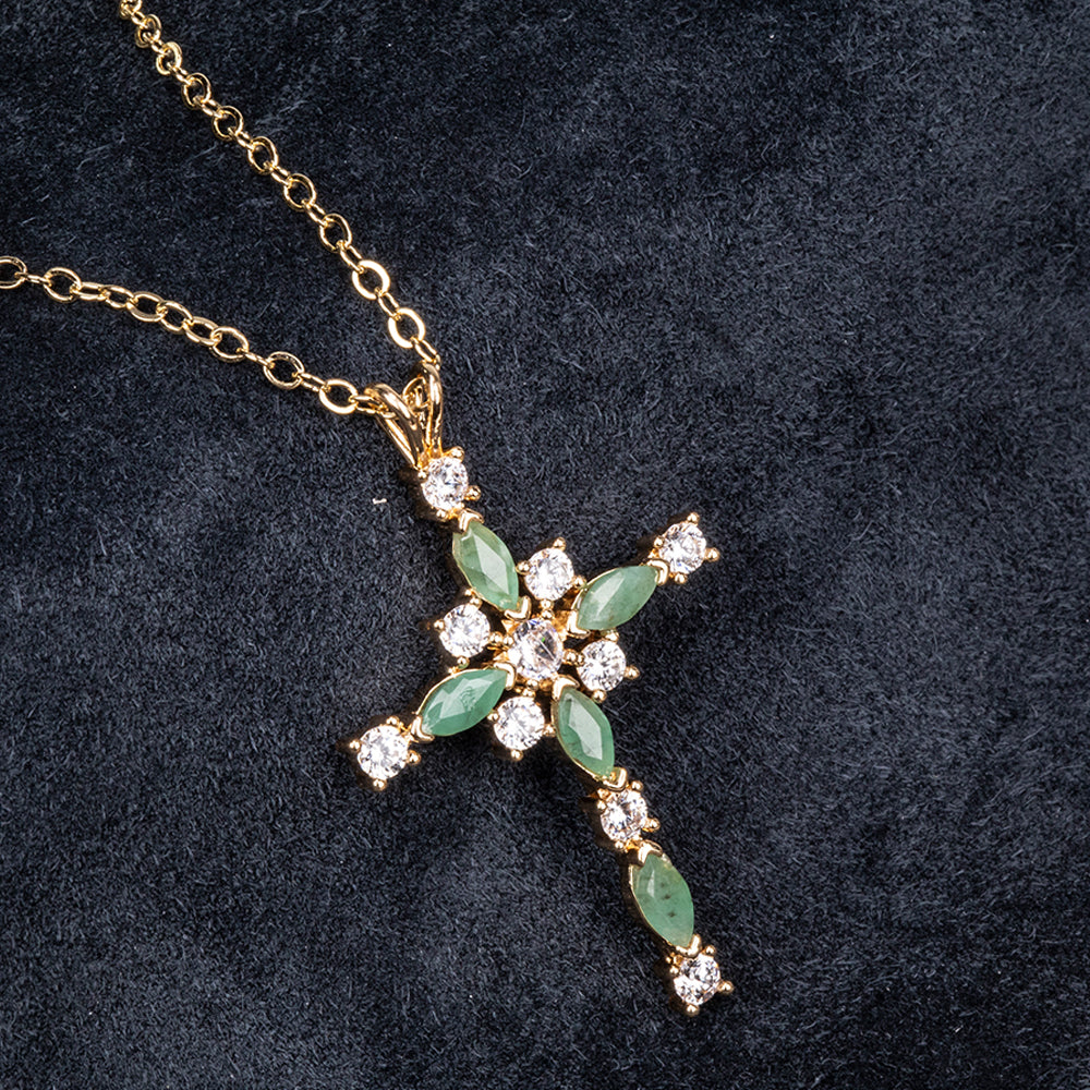 Cruz Colar de Liga de Ouro com Esmeralda e Cristal Emporia® Branco ( Colar+Pendente )