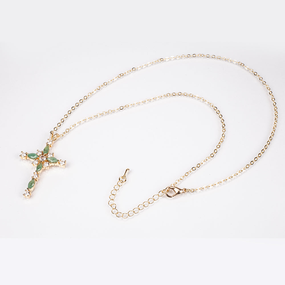 Cruz Colar de Liga de Ouro com Esmeralda e Cristal Emporia® Branco ( Colar+Pendente )