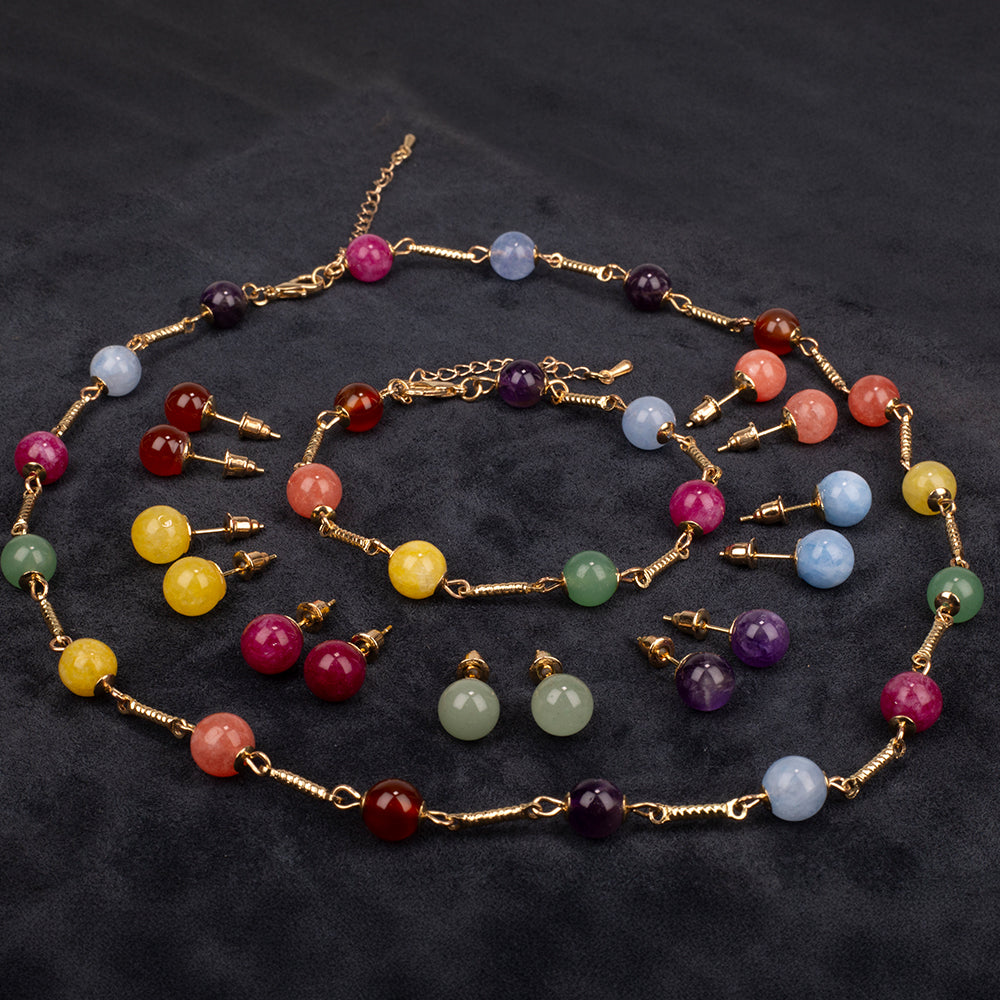 Conjunto de Liga de Ouro com Ametista e Jade ( Colar+Brincos+Pulseira ) 1 