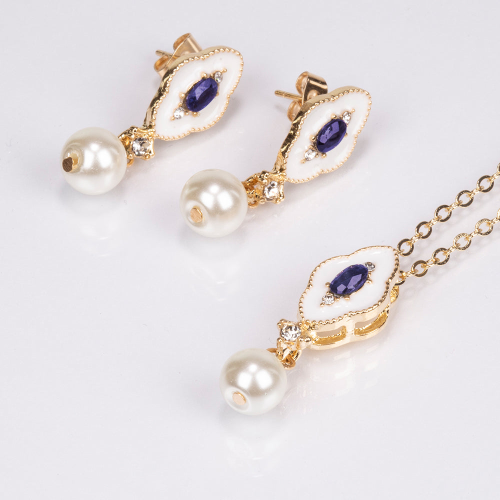 Conjunto de Liga de Ouro com Safira e Pérola de Vidro ( Colar+Brincos+Pendente ) 1 