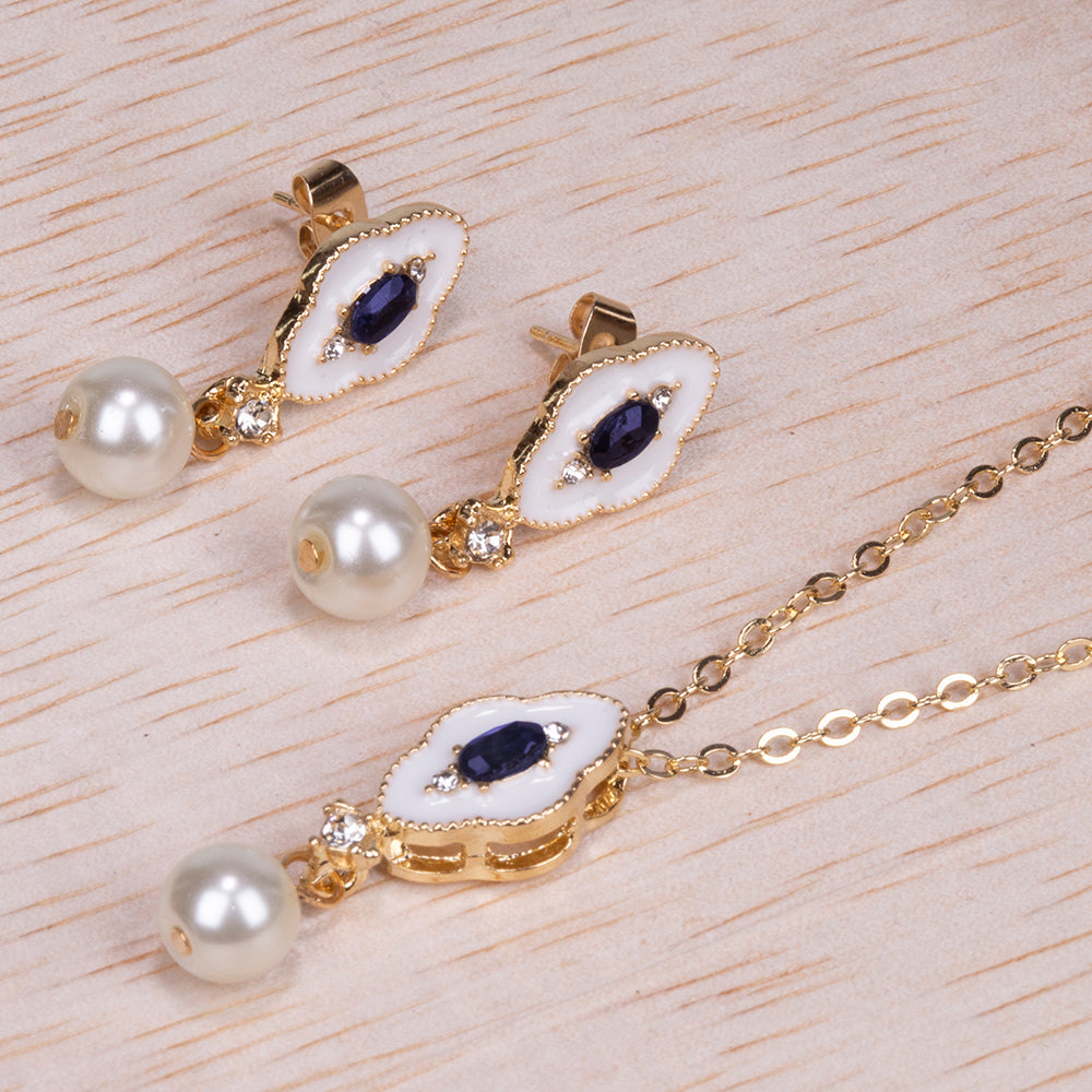 Conjunto de Liga de Ouro com Safira e Pérola de Vidro ( Colar+Brincos+Pendente ) 2 