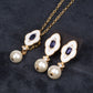 Conjunto de Liga de Ouro com Safira e Pérola de Vidro ( Colar+Brincos+Pendente )
