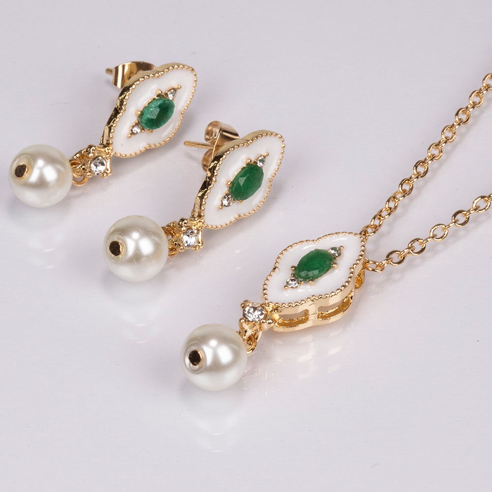 Conjunto de Liga de Ouro com Esmeralda e Pérola de Vidro ( Colar+Brincos+Pendente ) 1 