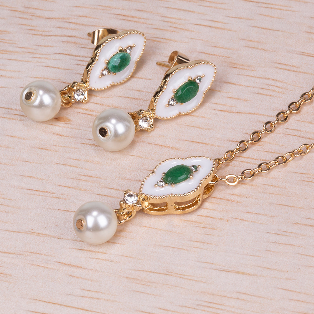 Conjunto de Liga de Ouro com Esmeralda e Pérola de Vidro ( Colar+Brincos+Pendente ) 2 