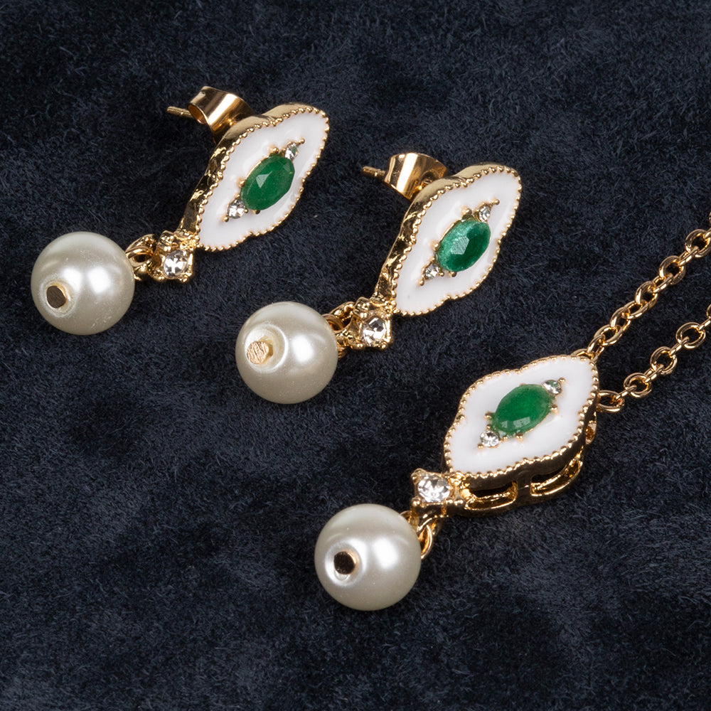 Conjunto de Liga de Ouro com Esmeralda e Pérola de Vidro ( Colar+Brincos+Pendente ) 3 