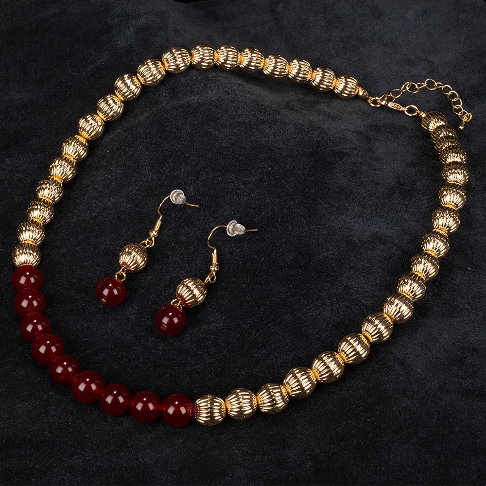 Conjunto de Liga de Ouro com Ágata Vermelha ( Colar+Brincos )