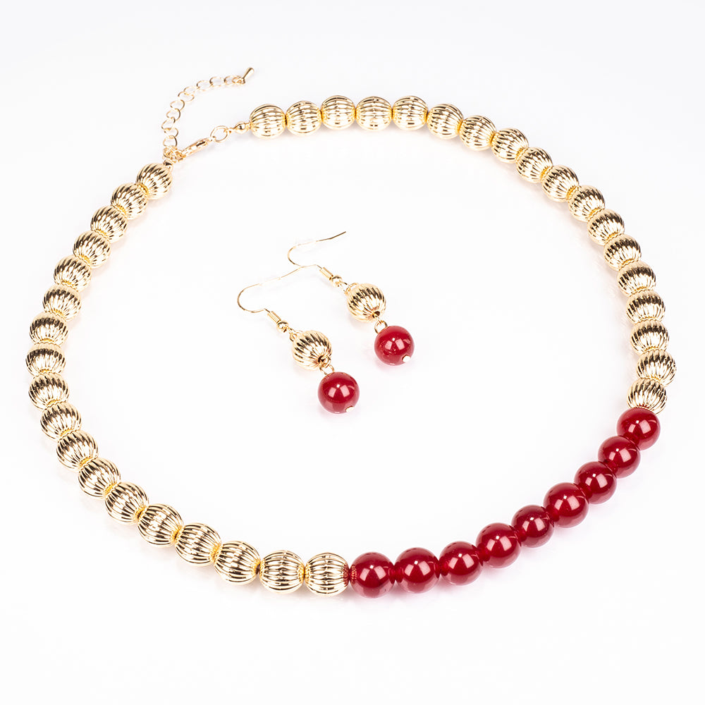 Conjunto de Liga de Ouro com Ágata Vermelha ( Colar+Brincos )