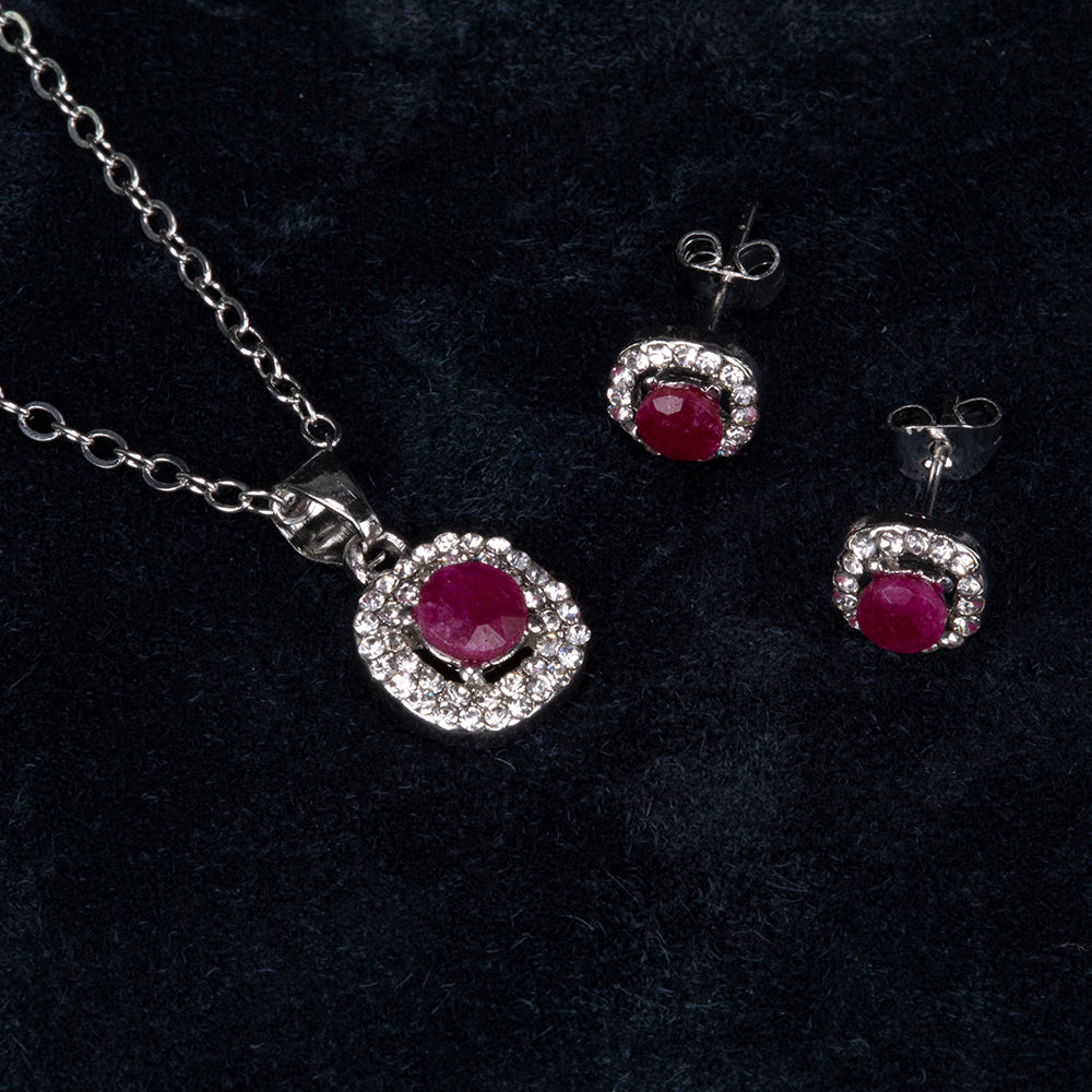 Conjunto de Liga de Ouro com Rubi e Cristal Emporia® Branco ( Colar+Brincos+Pendente ) 2 