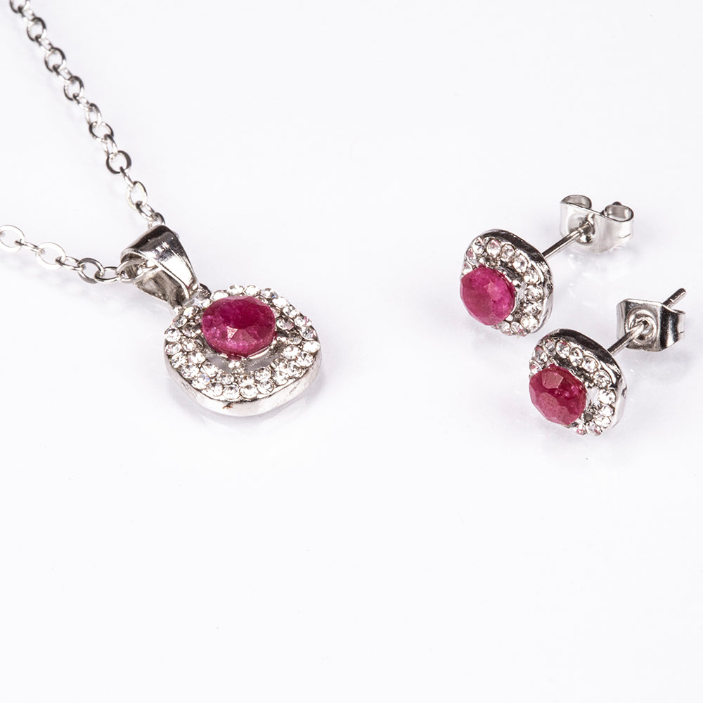 Conjunto de Liga de Ouro com Rubi e Cristal Emporia® Branco ( Colar+Brincos+Pendente )