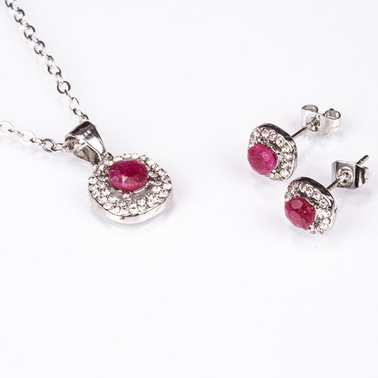 Conjunto de Liga de Ouro com Rubi e Cristal Emporia® Branco ( Colar+Brincos+Pendente )