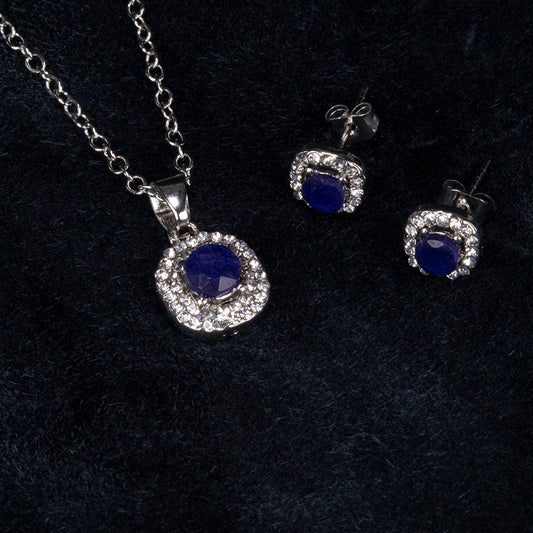 Conjunto de Liga de Ouro com Safira e Cristal Emporia® Branco ( Colar+Brincos+Pendente )