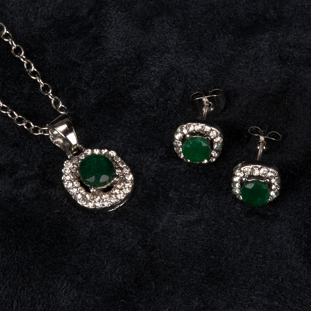 Conjunto de Liga de Ouro com Esmeralda e Cristal Emporia® Branco ( Colar+Brincos+Pendente ) 2 
