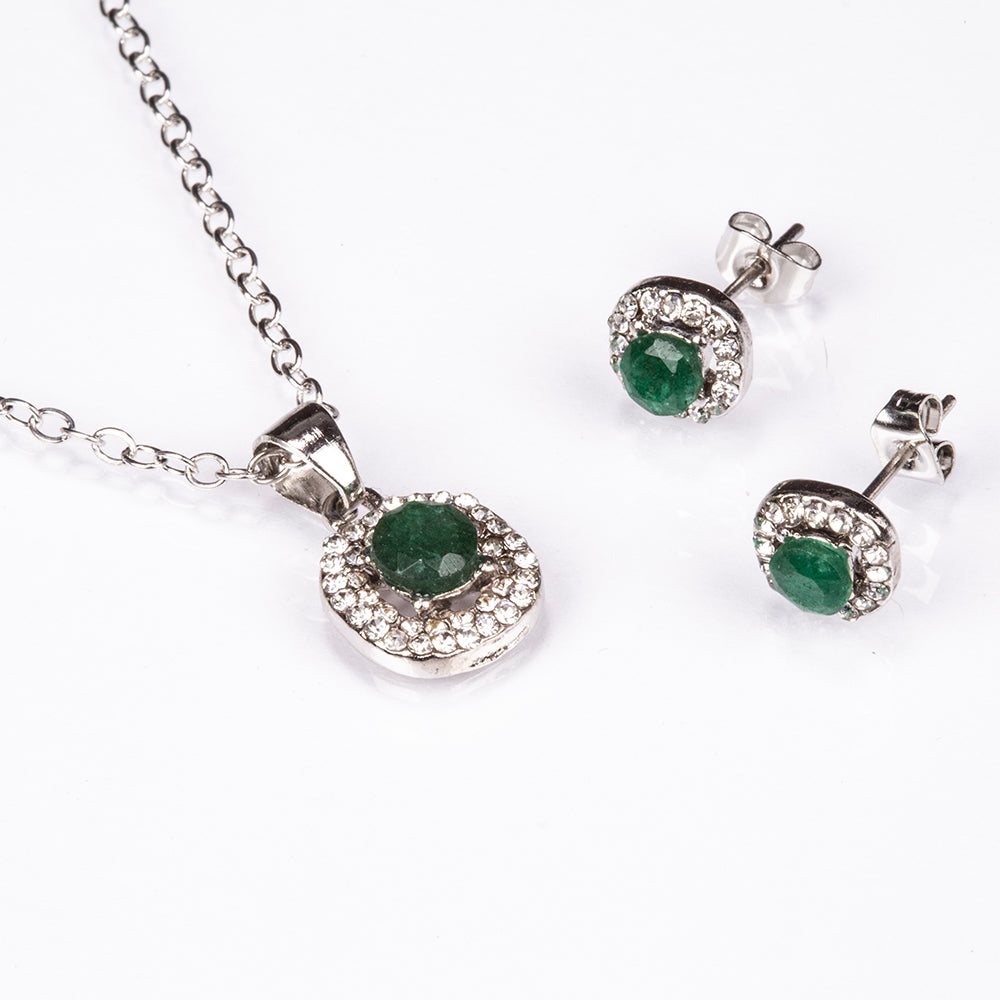 Conjunto de Liga de Ouro com Esmeralda e Cristal Emporia® Branco ( Colar+Brincos+Pendente )