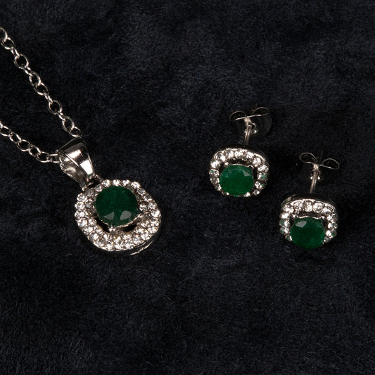 Conjunto de Liga de Ouro com Esmeralda e Cristal Emporia® Branco ( Colar+Brincos+Pendente )