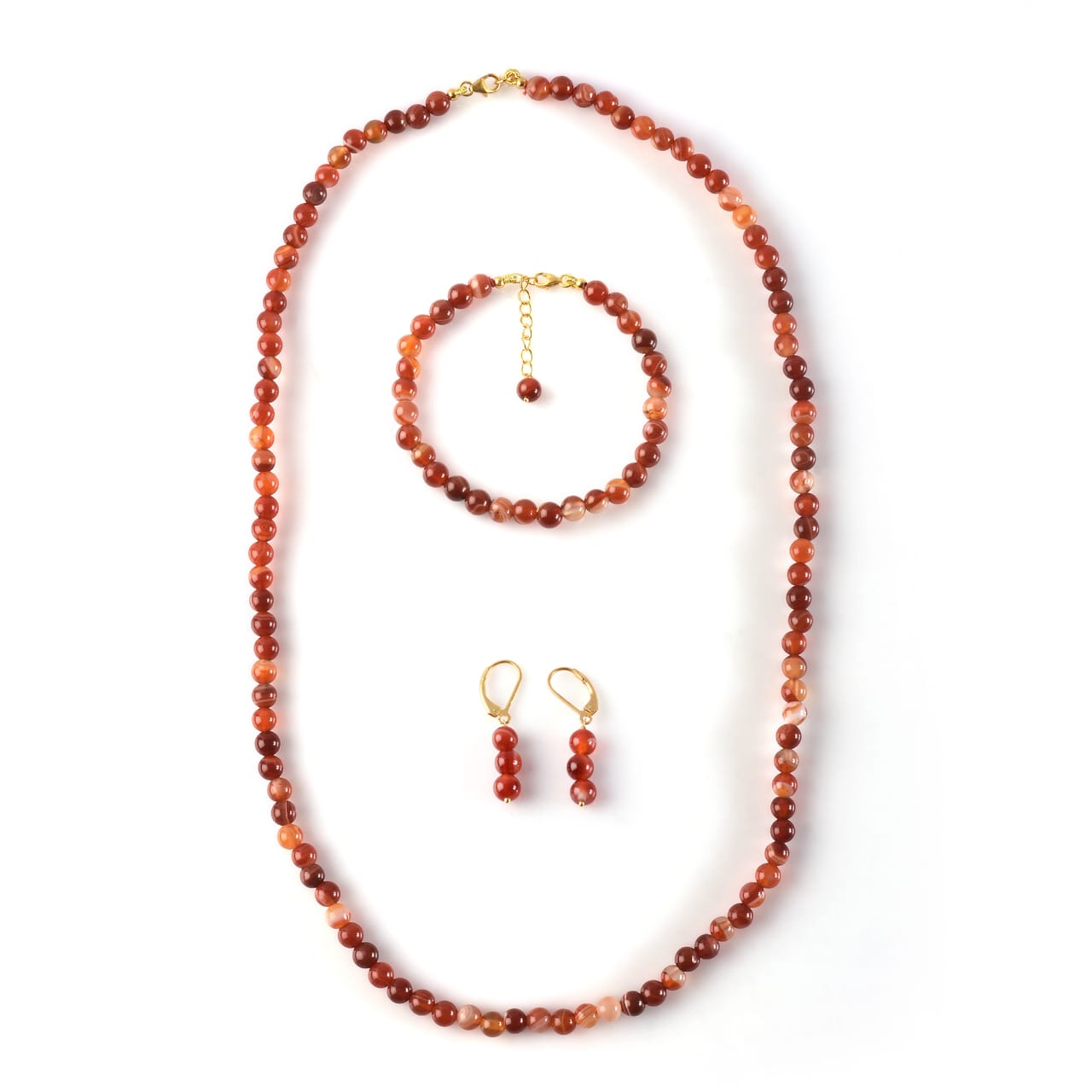 Conjunto de Prata com Banho de Ouro com Ágata Vermelha ( Colar+Brincos+Pulseira )