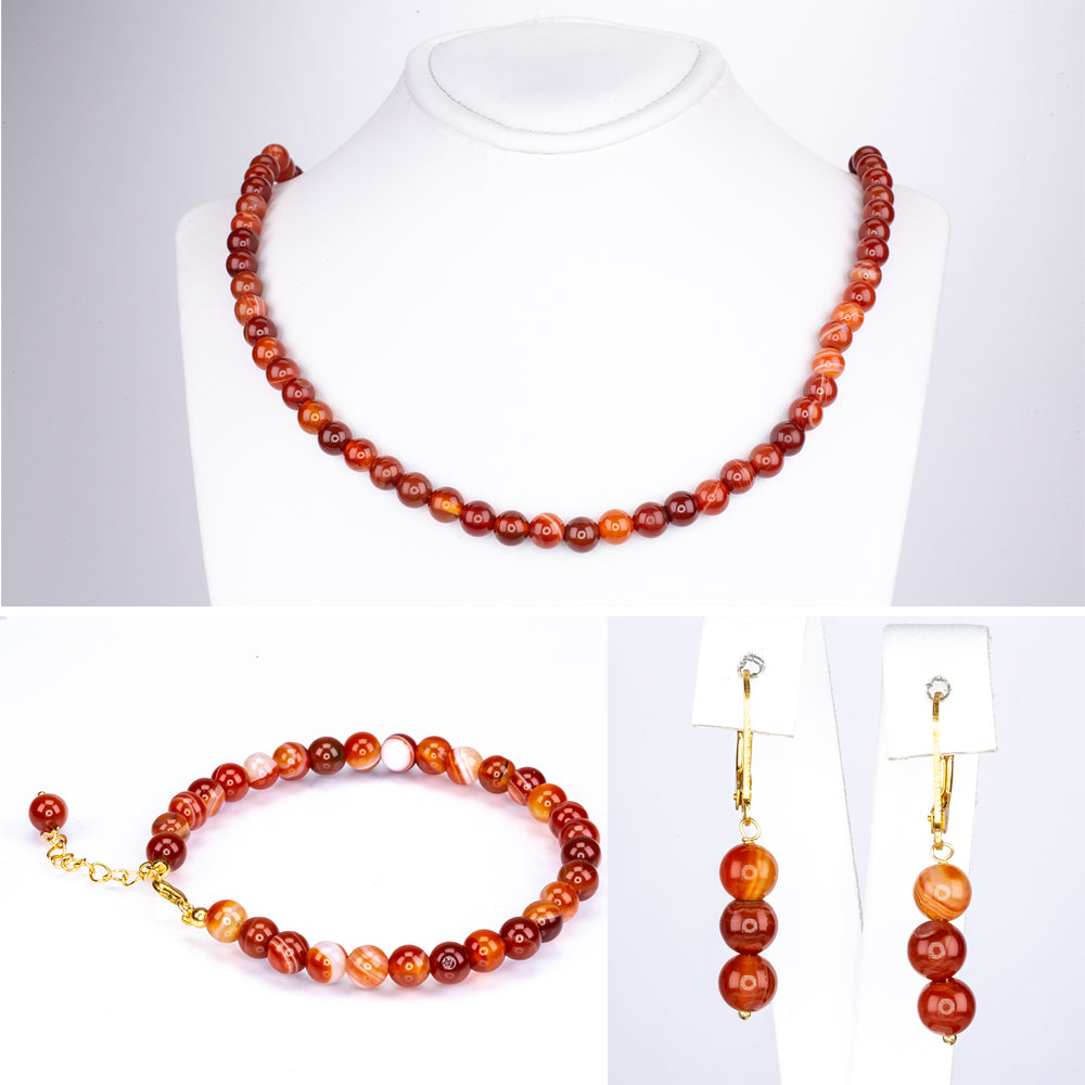 Conjunto de Prata com Banho de Ouro com Ágata Vermelha ( Colar+Brincos+Pulseira ) 6 