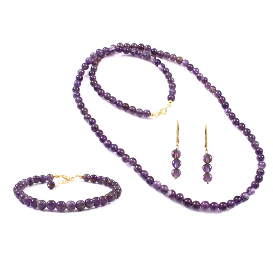 Conjunto de Prata com Banho de Ouro com Ametista ( Colar+Brincos+Pulseira )