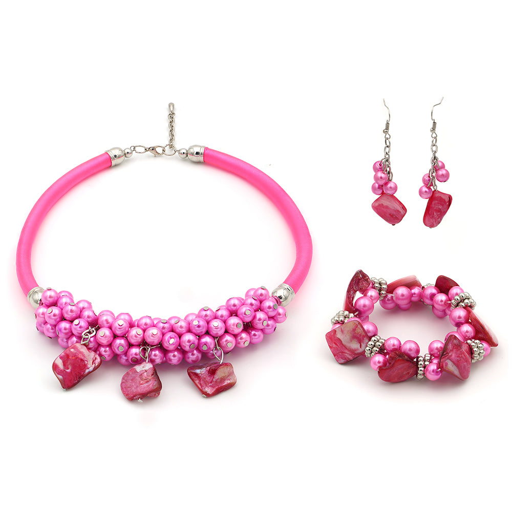 Conjunto com Concha e Cristal Emporia® Rosa ( Colar+Brincos+Pulseira ) 1 