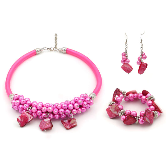 Conjunto com Concha e Cristal Emporia® Rosa ( Colar+Brincos+Pulseira )