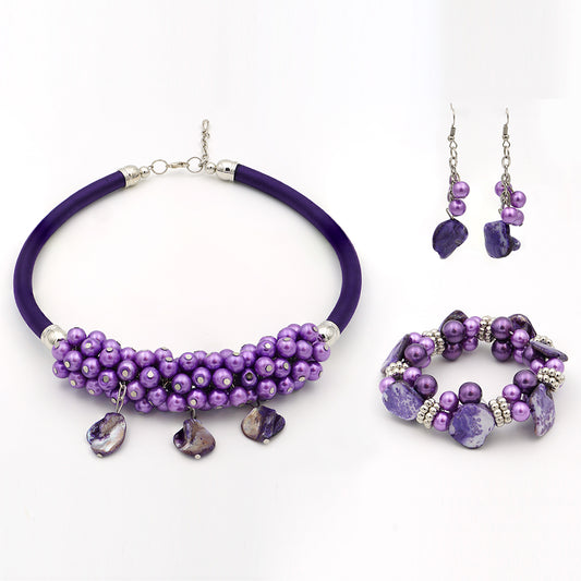 Conjunto com Concha e Cristal Emporia® Roxo ( Colar+Brincos+Pulseira )