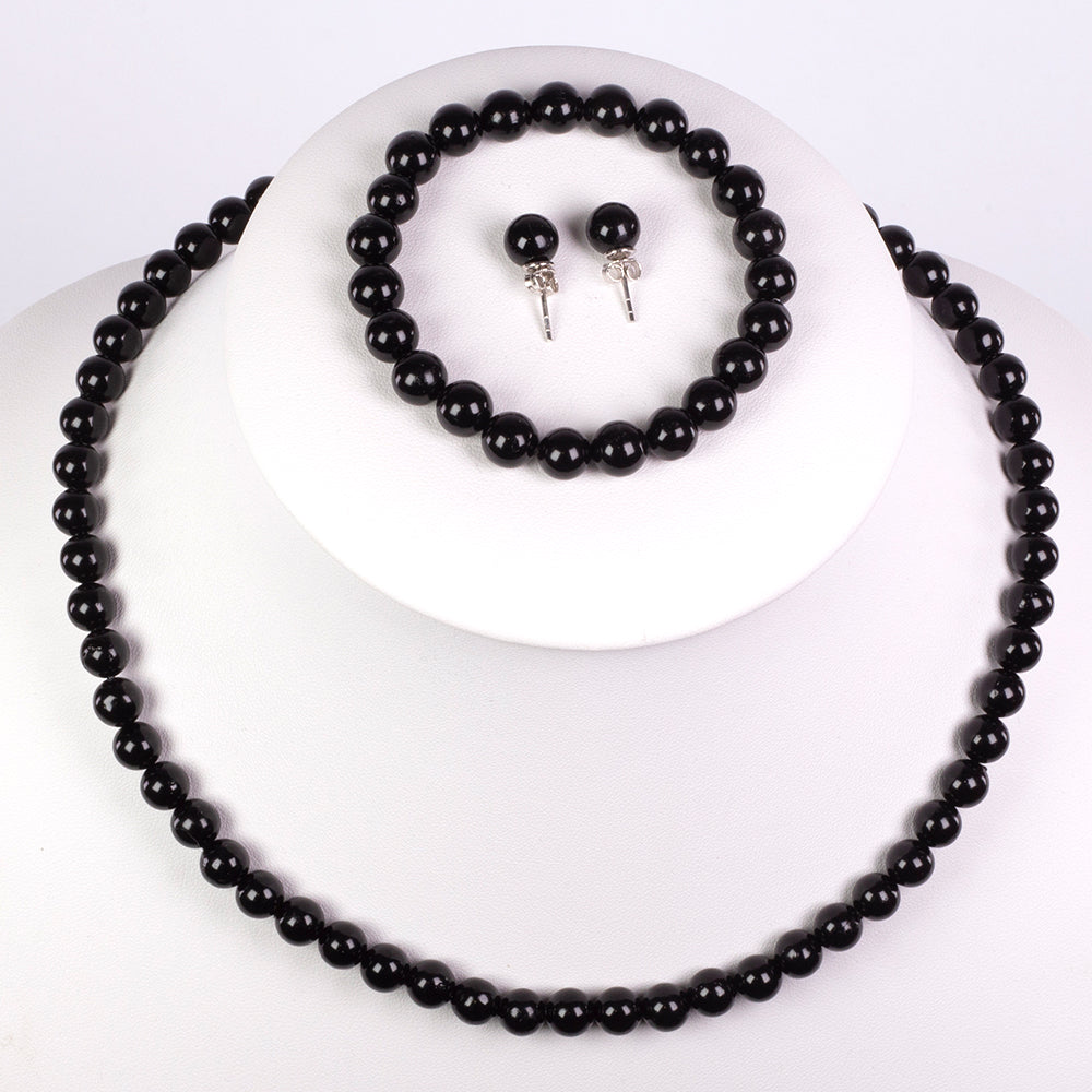 Conjunto de Prata com Pérola Preta de Água Doce ( Colar+Brincos+Pulseira )