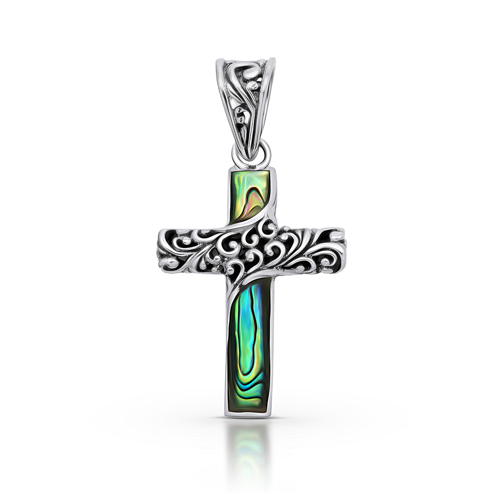 Cruz Pendente de Prata com Concha Abalone  Contraste: Cabeca de Veado (800)