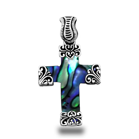 Cruz Pendente de Prata com Concha Abalone  Contraste: Cabeca de Veado (800)