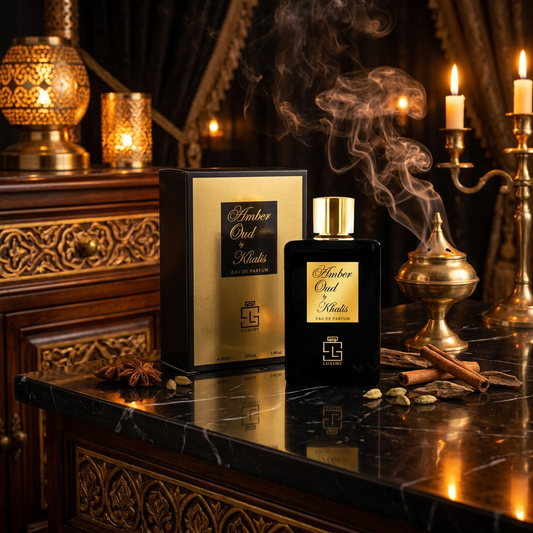 Amber Oud da Khalis Luxury Collection, EDP 100 ml – Fragrância unissexo com notas picantes e amadeiradas