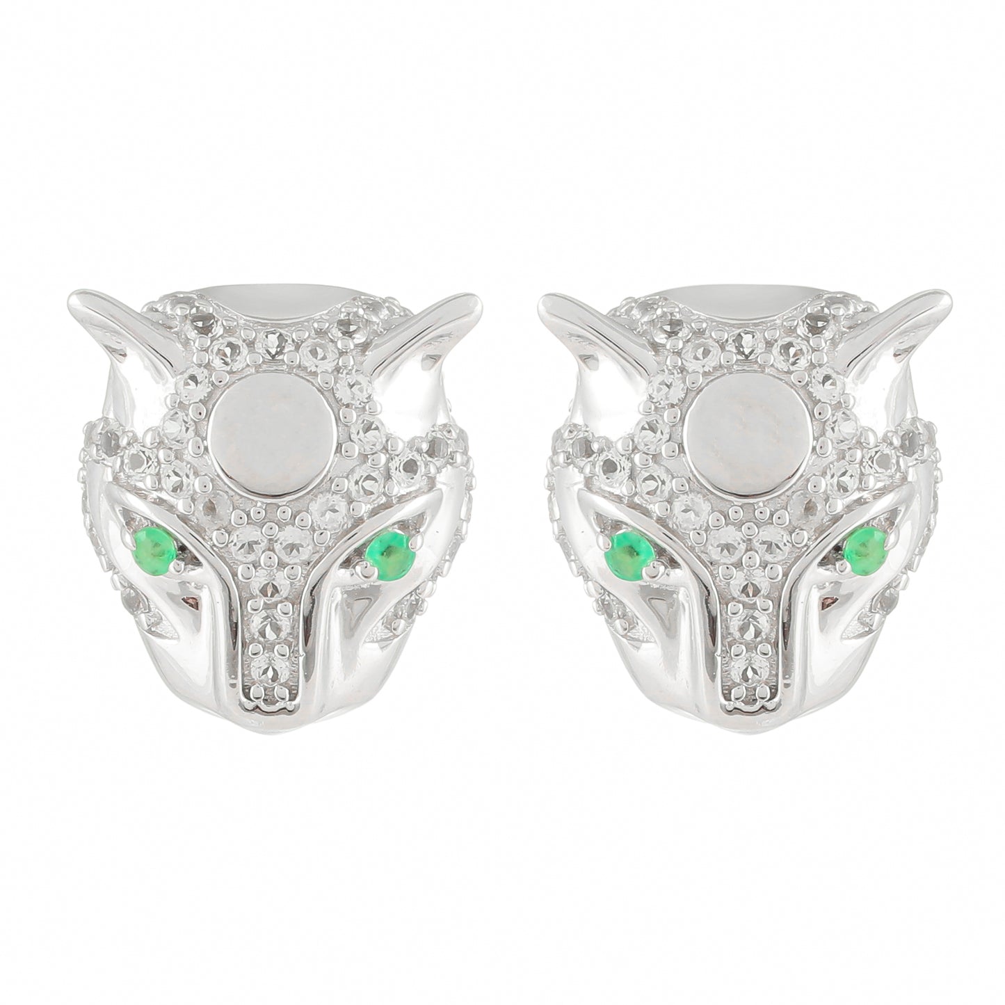 Brincos de Prata com Esmeralda do Brasil e Topázio Branco  Contraste: Cabeca de Veado (800)