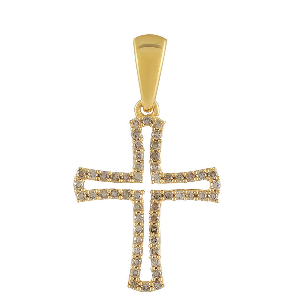 Cruz Pendente de Prata com Banho de Ouro com Diamante Champanhe