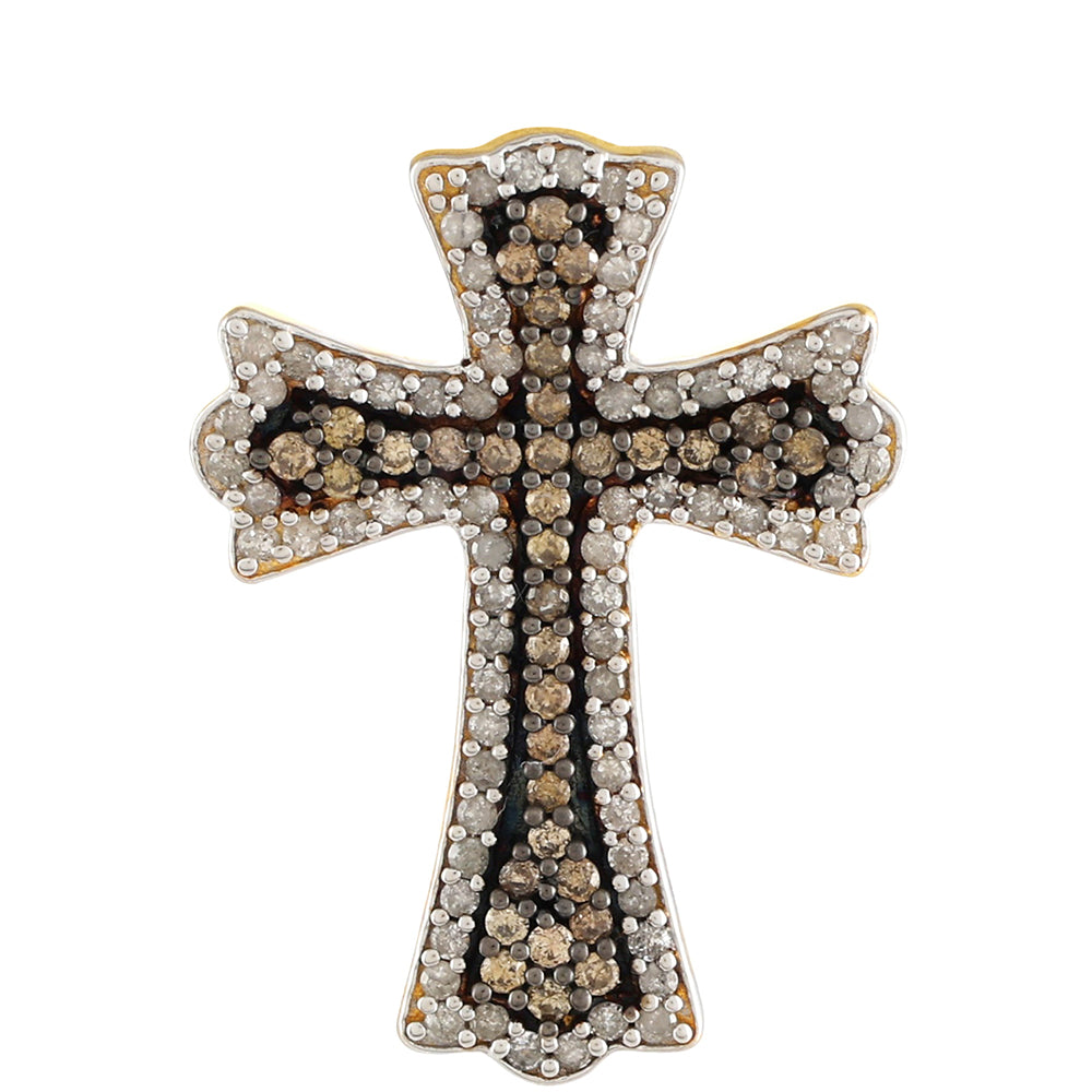 Cruz Pendente de Prata com Banho de Ouro com Diamante Champanhe e Diamante Branco 1 