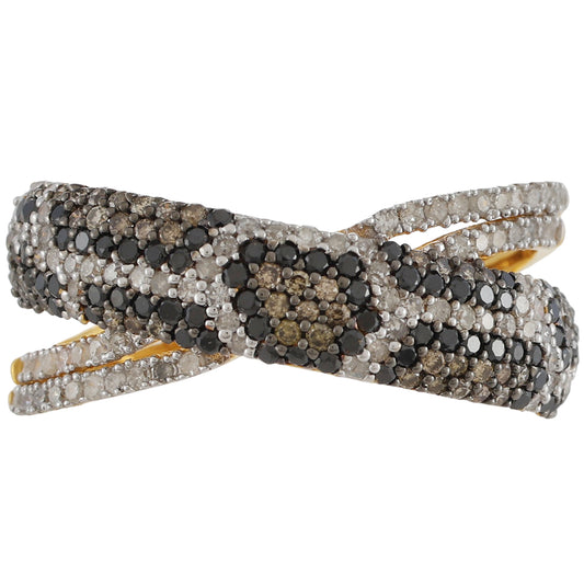 Anel de Prata com Banho de Ouro com Diamante Champanhe e Expresso Diamante Negro  Contraste: Cabeca de Veado (800)