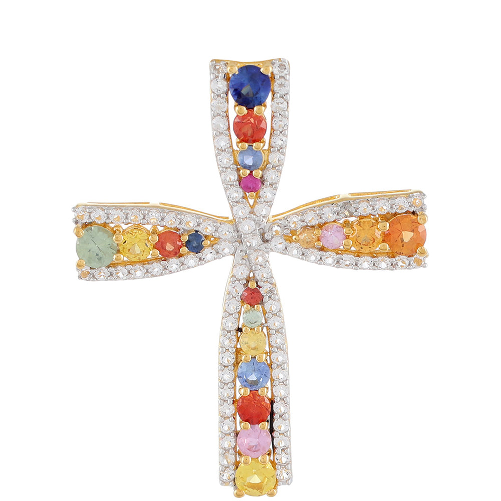 Cruz Pendente de Prata com Banho de Ouro com Safira Arco-íris e Topázio Branco 1 