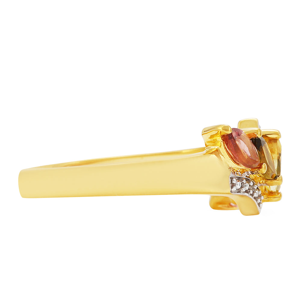 Anel de Prata com Banho de Ouro com Turmalina Arco-íris de Pelmadulla e Topázio Branco 2 