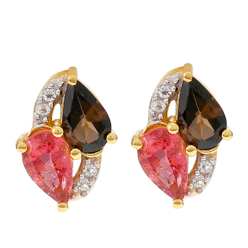 Brincos de Prata com Banho de Ouro com Turmalina Arco-íris de Pelmadulla e Topázio Branco 1 