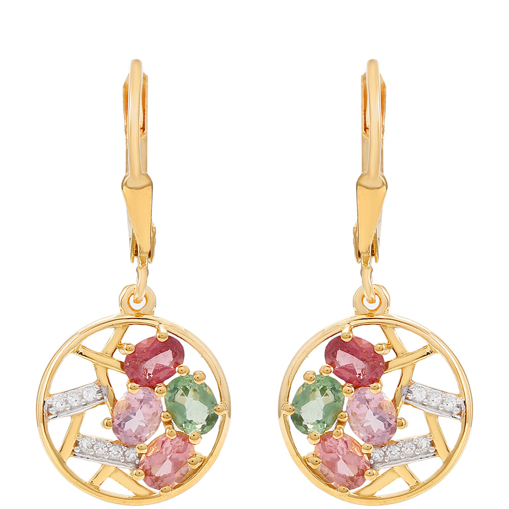 Brincos de Prata com Banho de Ouro com Turmalina Arco-íris de Pelmadulla e Topázio Branco 1 