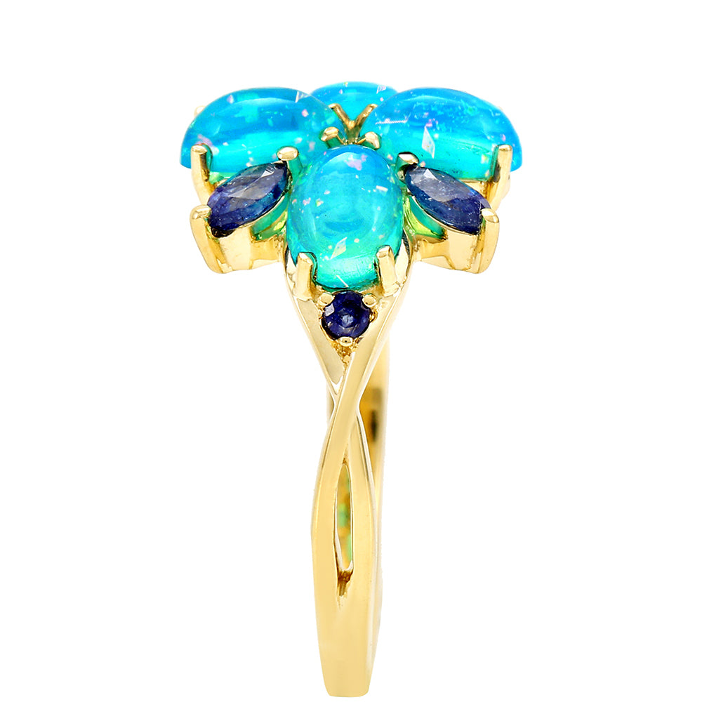 Anel de Ouro com Opala Azul Paraib da Etiópia e Safira Azul  Contraste: Cruz missionária 3 