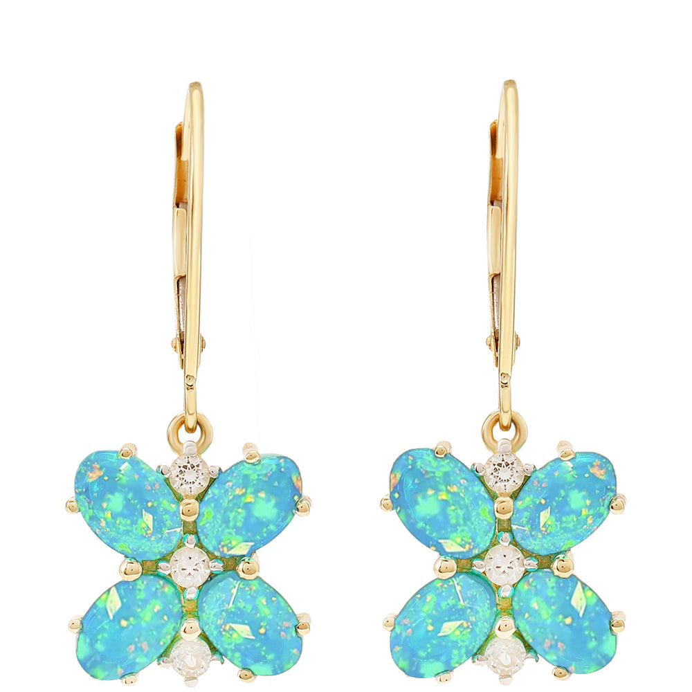 Brincos de Ouro com Opala Azul Paraib da Etiópia e Topázio Branco  Contraste: Cruz missionária