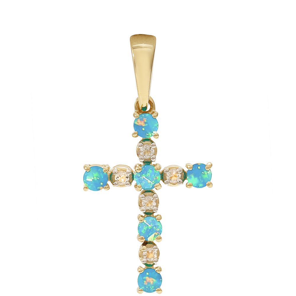 Cruz Pendente de Ouro com Opala Azul Paraib da Etiópia e Topázio Branco  Contraste: Cruz missionária