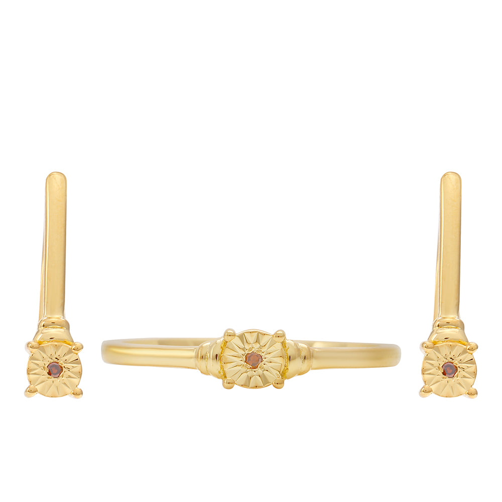 Conjunto de Prata com Banho de Ouro com Diamante Vermelho ( Brincos+Anel )  Contraste: Cabeca de Veado (800) 1 