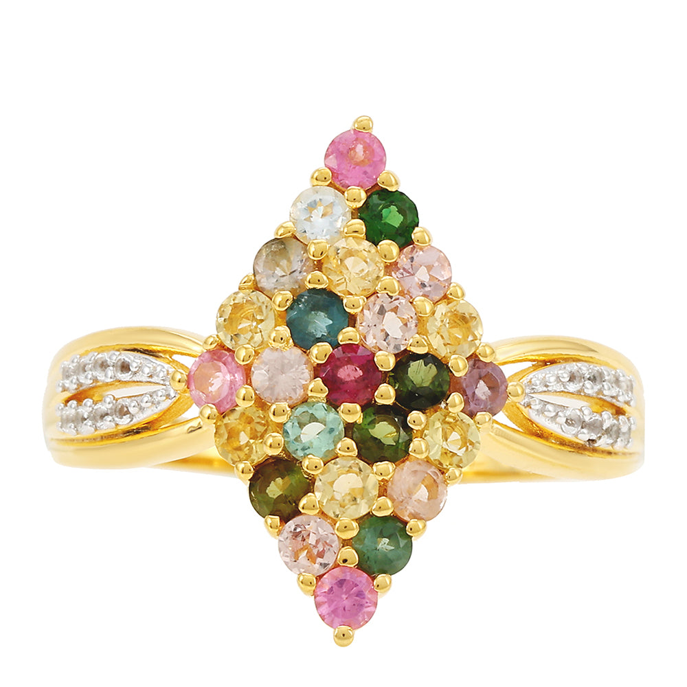 Anel de Prata com Banho de Ouro com Turmalina Arco-íris de Pelmadulla e Topázio Branco  Contraste: Cabeca de Veado (800)