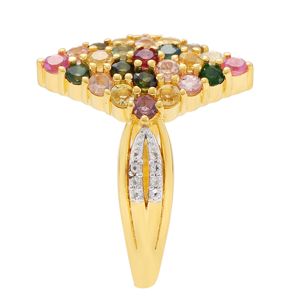 Anel de Prata com Banho de Ouro com Turmalina Arco-íris de Pelmadulla e Topázio Branco  Contraste: Cabeca de Veado (800) 3 