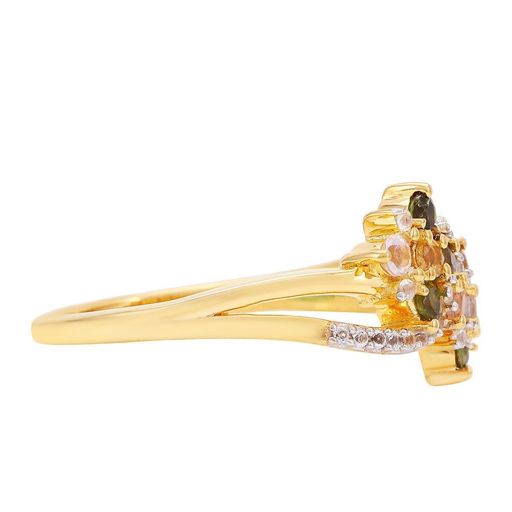 Anel de Prata com Banho de Ouro com Turmalina Arco-íris de Pelmadulla e Topázio Branco