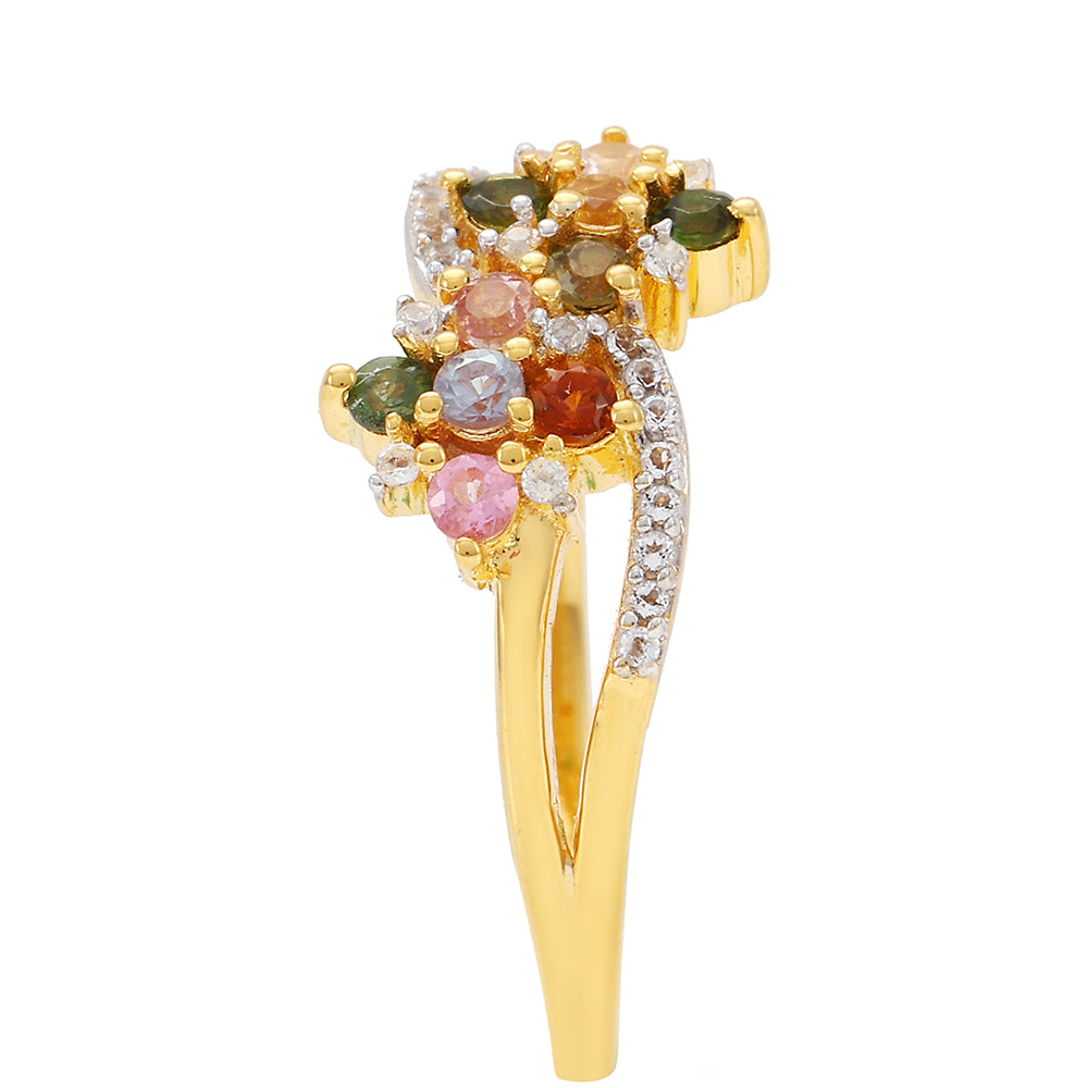 Anel de Prata com Banho de Ouro com Turmalina Arco-íris de Pelmadulla e Topázio Branco